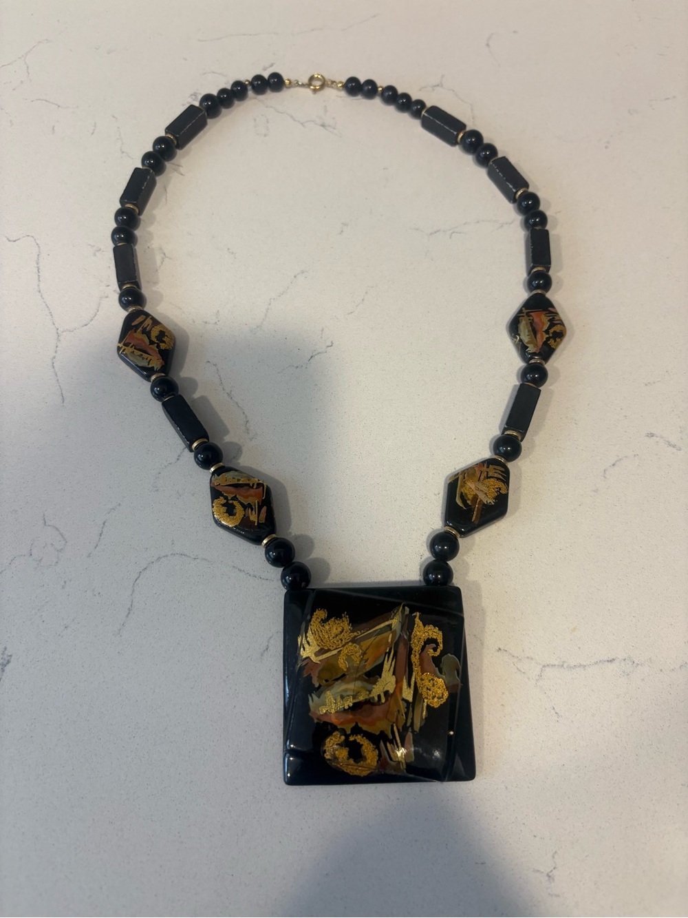 Vintage Japan, Handcrafted Black & Gold Statement Pendant Necklace
